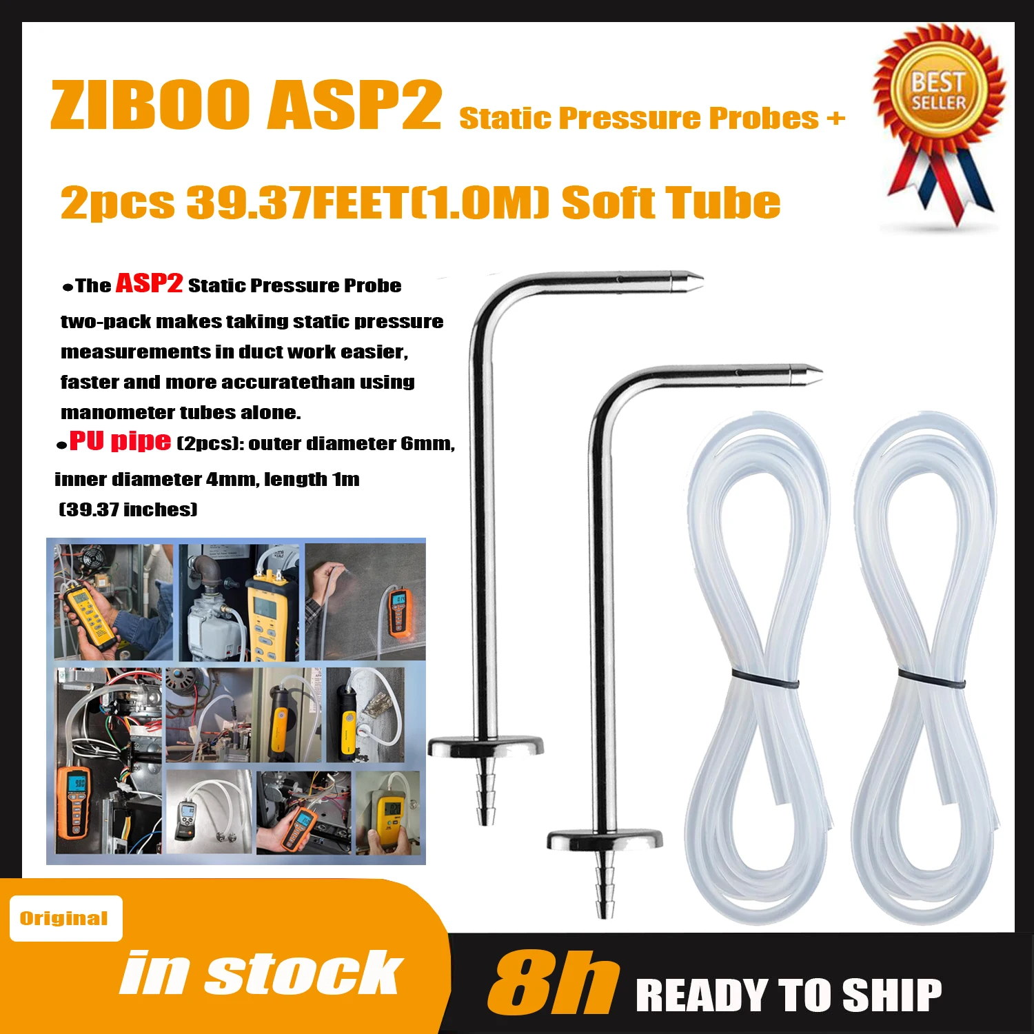 ZIBOO ASP2 zachte buis, statische druksondes, compatibel met HVAC Pitot statische buis, 2x 39,37 voet (1,0 m) zachte buis.