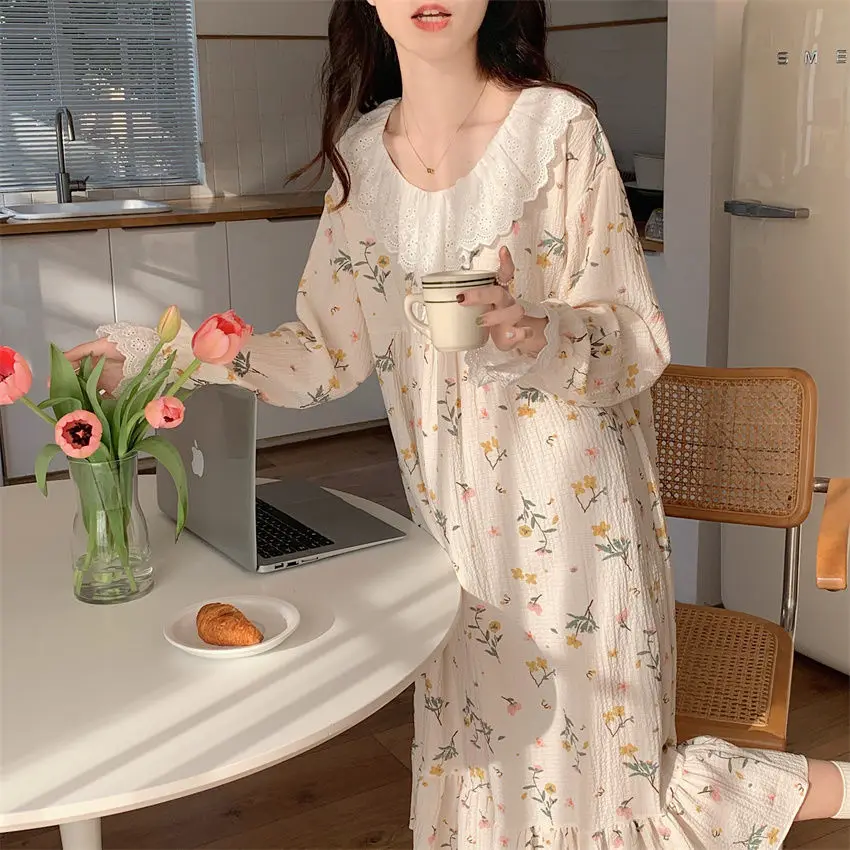 Floral Women Nightgown Korean Style Sleepwear Long Sleeve One Piece Pajamas Autumn Lace Night Dress Home Sleeping Wears New In