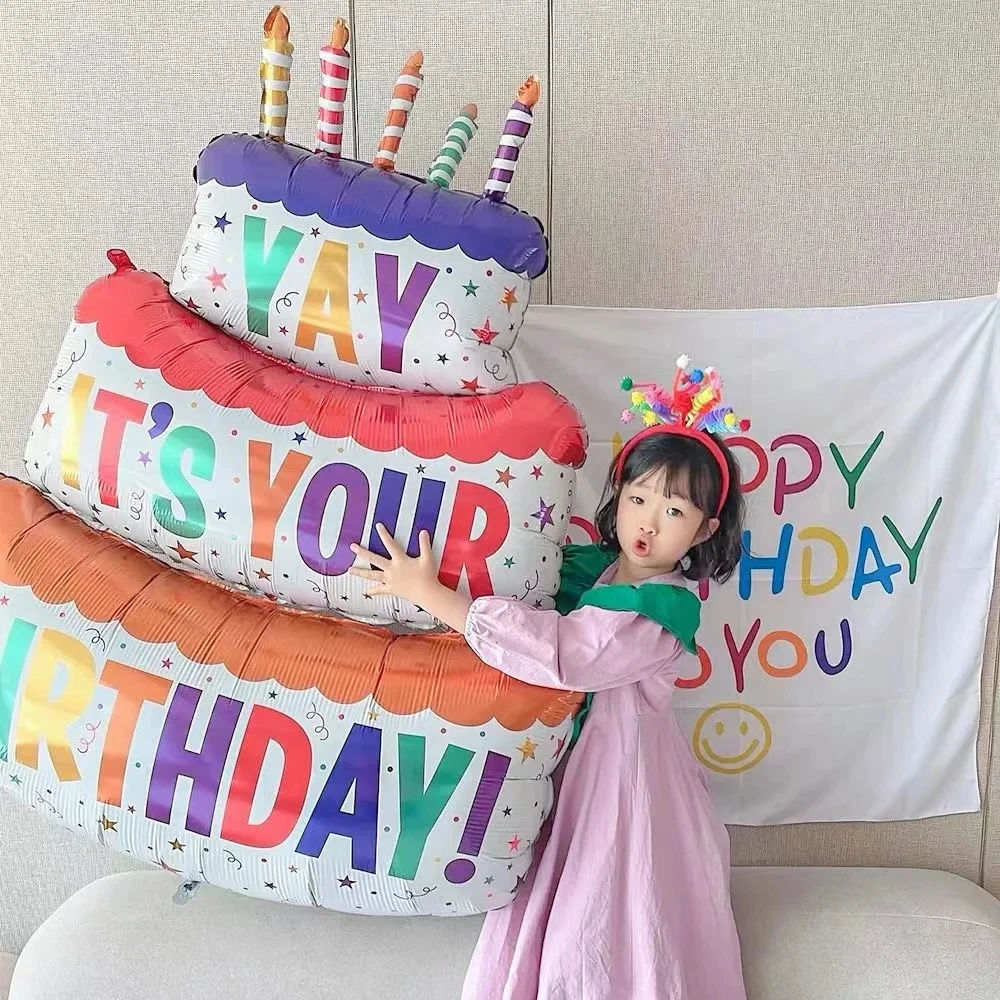 

3-Layer It's Your Birthday Balloon Stripe Cake Candle Colored Foil Balloon Baby Shower Birthday Party Photo Props Decoration