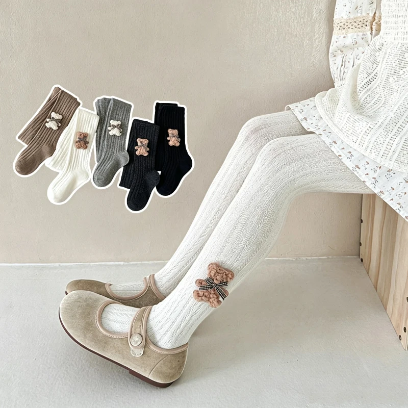 Fluffy Bear And Bow Decor Pantyhose Cute Little Girls Wear Resistant Anti Pilling Texture Comfort Stretch Fabric Daily Leggings view 3