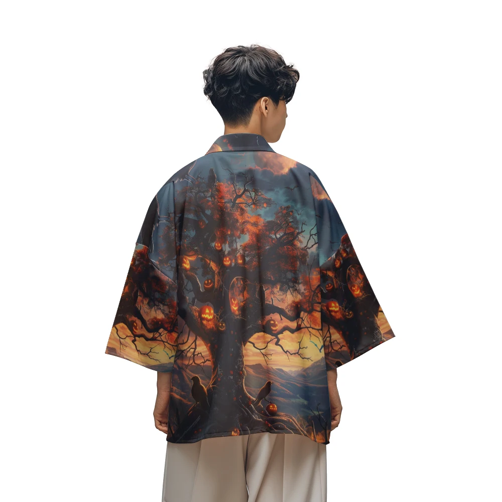 

Classic Vintage Niche Design Horror Style Halloween Pumpkin Scarecrow Print Toga Men's Fashion Casual Kimono Men's Tops