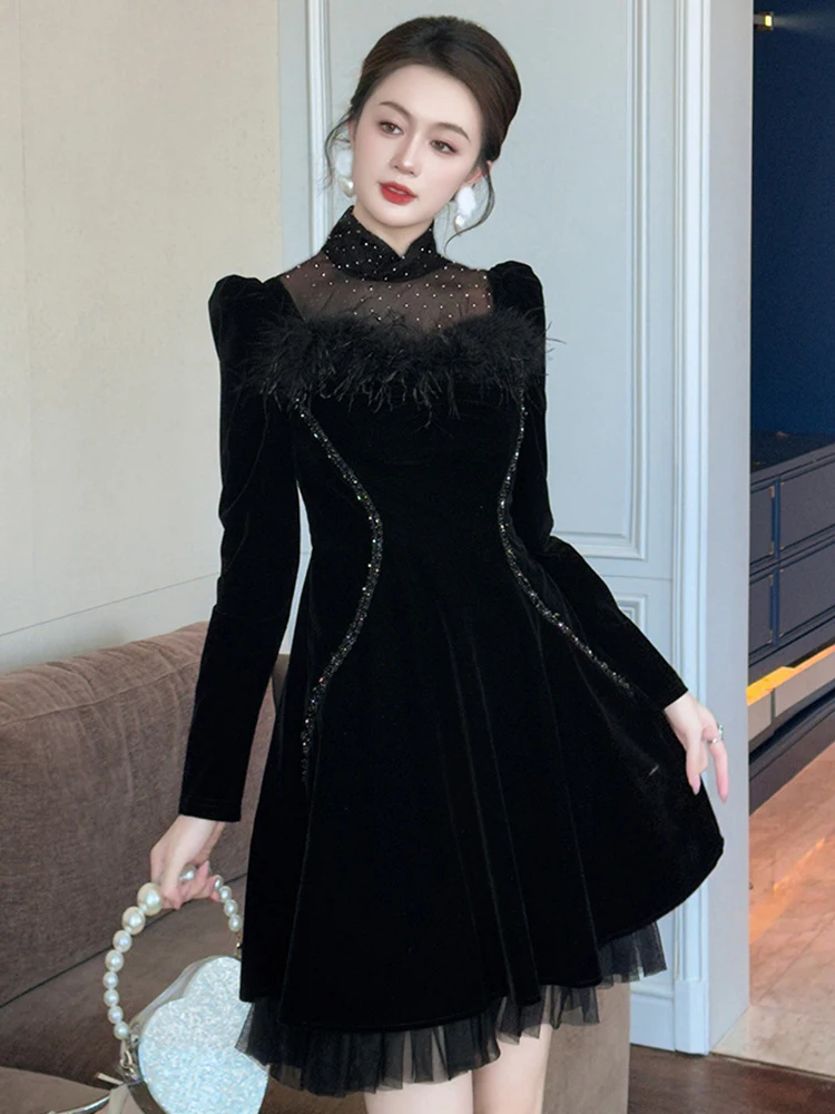 Damska Francuska Czarna Puszysta Sukienka na Imprezę Elegancka Słodka Przezroczysta Sukienka Balowa z Siateczki i Cyrkoniami Retro Wieczorowa Vestido