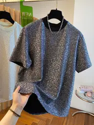 2024 Summer New Sequin T-shirt Women's Short Sleeve Loose Design Round Neck Casual Top