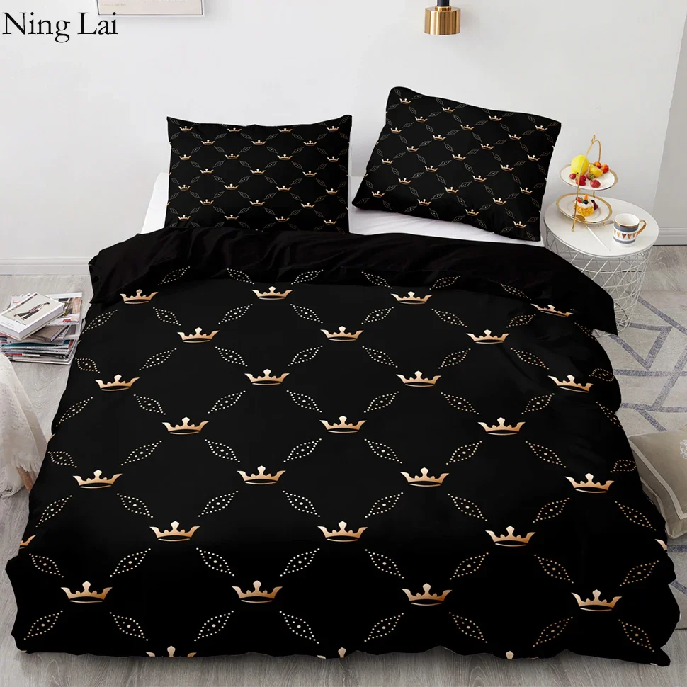 High Quality Black Duvet Cover 200x200,Gold Small Crown Pattern Bedding Quilt Cover 220x240(No Pillowcase)