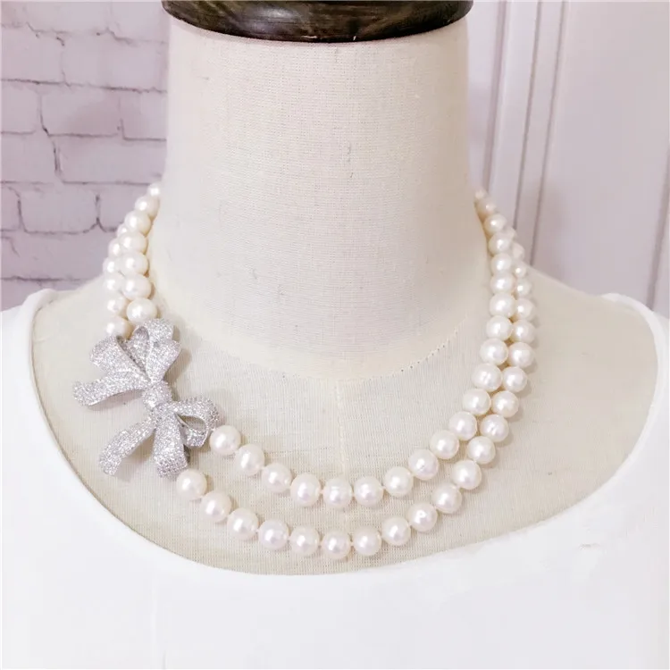 Handmade high-end natural freshwater 8-9mm white pearl micro inlay zircon stereo bowknot luxury short necklace fashion jewelry