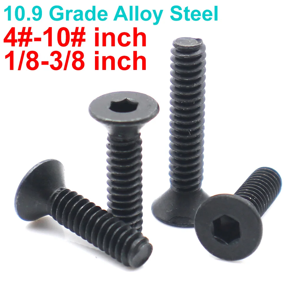 5pcs/10pcs per Pack #4-#10 1/4-3/8 10.9 Grade Alloy Steel UNC Countersunk Hex Socket Screws Flat Head Allen Bolts Inch Thread