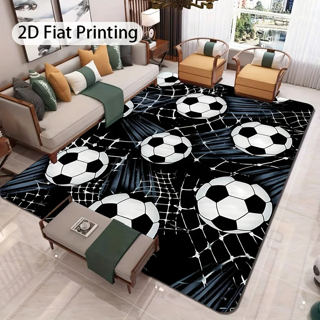 1pc 2D Flat Soccer Ball Goal Net Flannel Area Rug Non Slip Sports Theme Carpet for Living Room Game Room Kids Decor