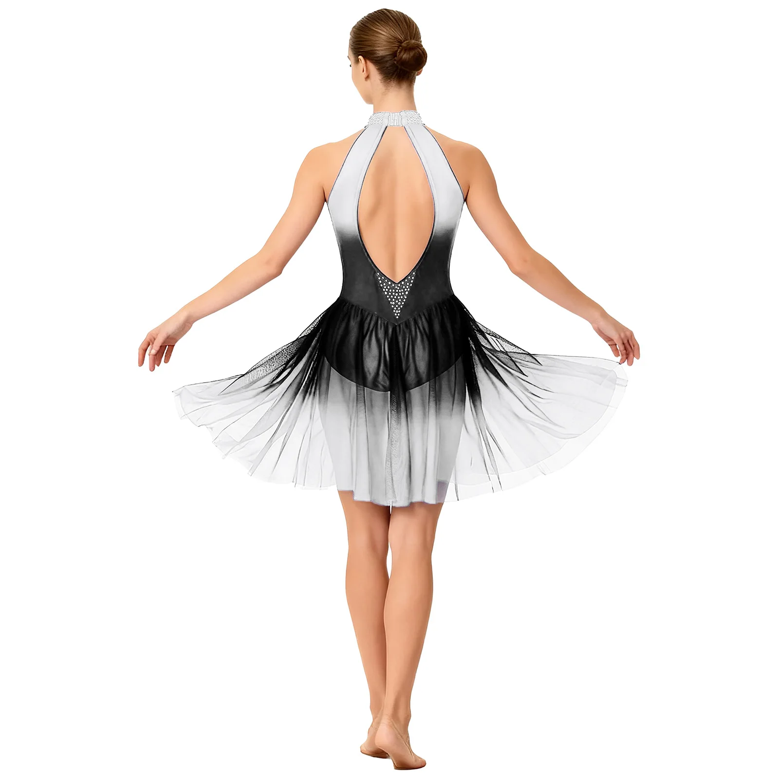 Women Rhinestones Figure Ice Skating Dress Halter Sleeveless Sheer Mesh Gymnastic Ballet Leotard Contemporary Lyrical Dancewear