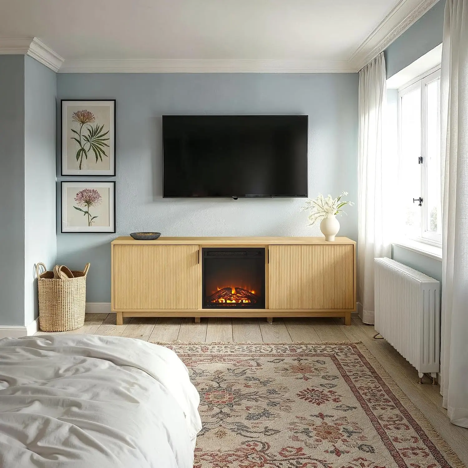 Reeded TV Stand with Electric Fireplace & Storage, 70 Inch Media Console Cabinet, Coastal Oak, Customized
