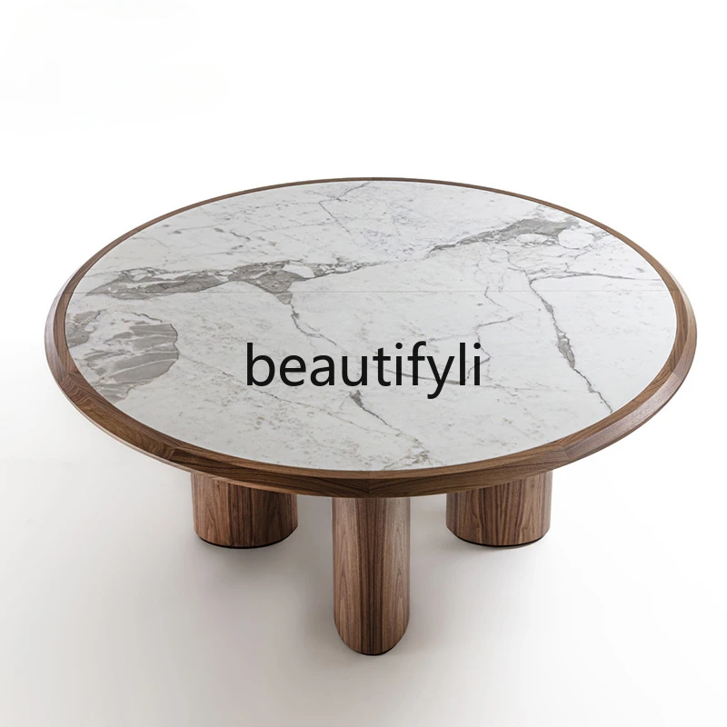 New modern simple log round dining table Italian minimalist built-in special-shaped round table with turntable dining table