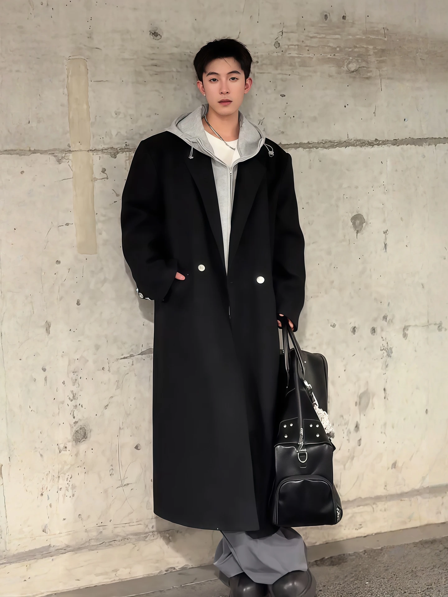 

Briti Sle Men's Bla Woolen Coat oulder Padded Autumn Winter Faionable Casual Chic Long Coat Windbreaker Jaet