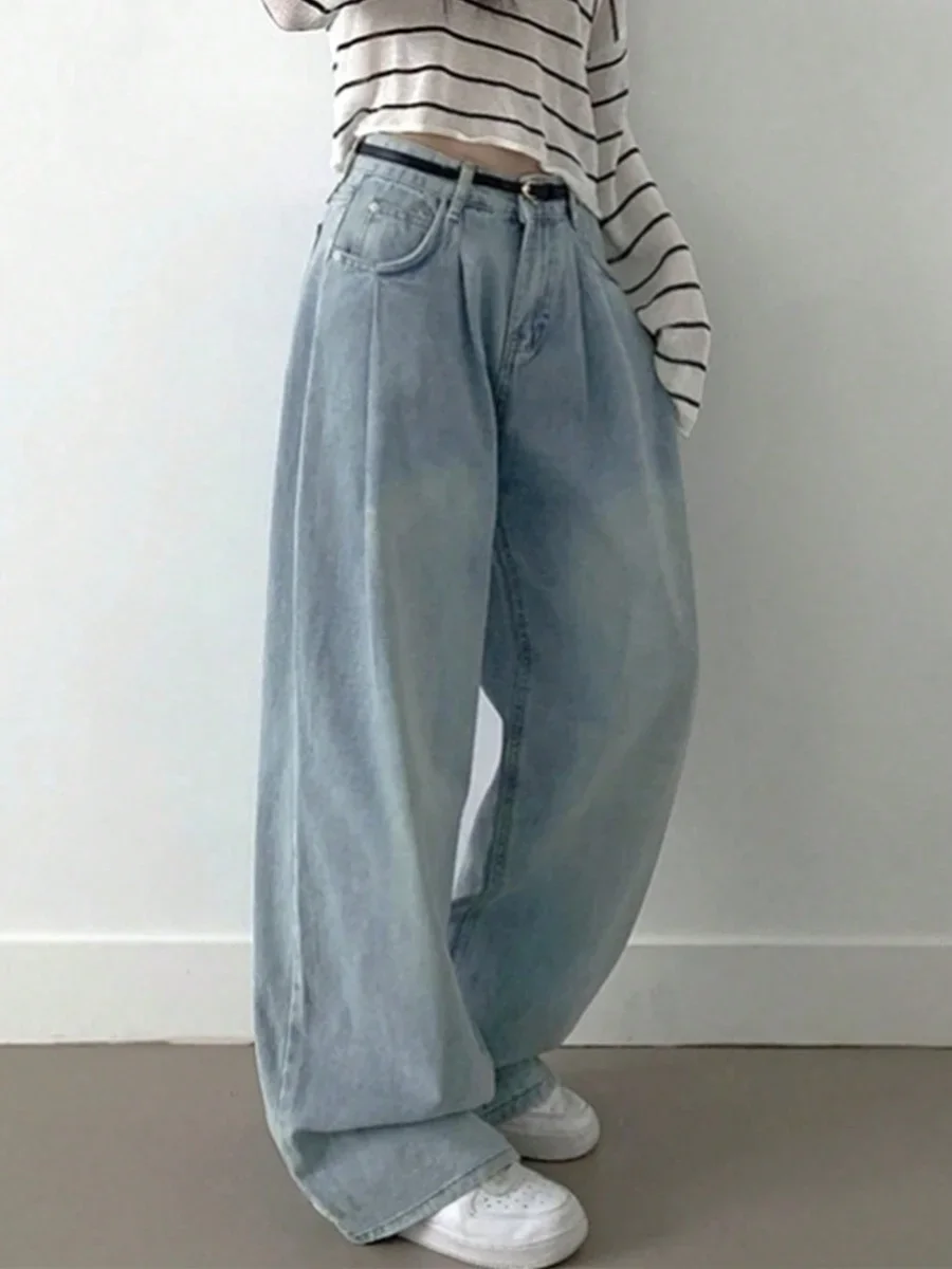 South Dongdaemun Summer Hong Kong Flavor Retro Washed Faded Wide-Leg Pants High Waist Loose Slimming Straight Jeans Women Z313