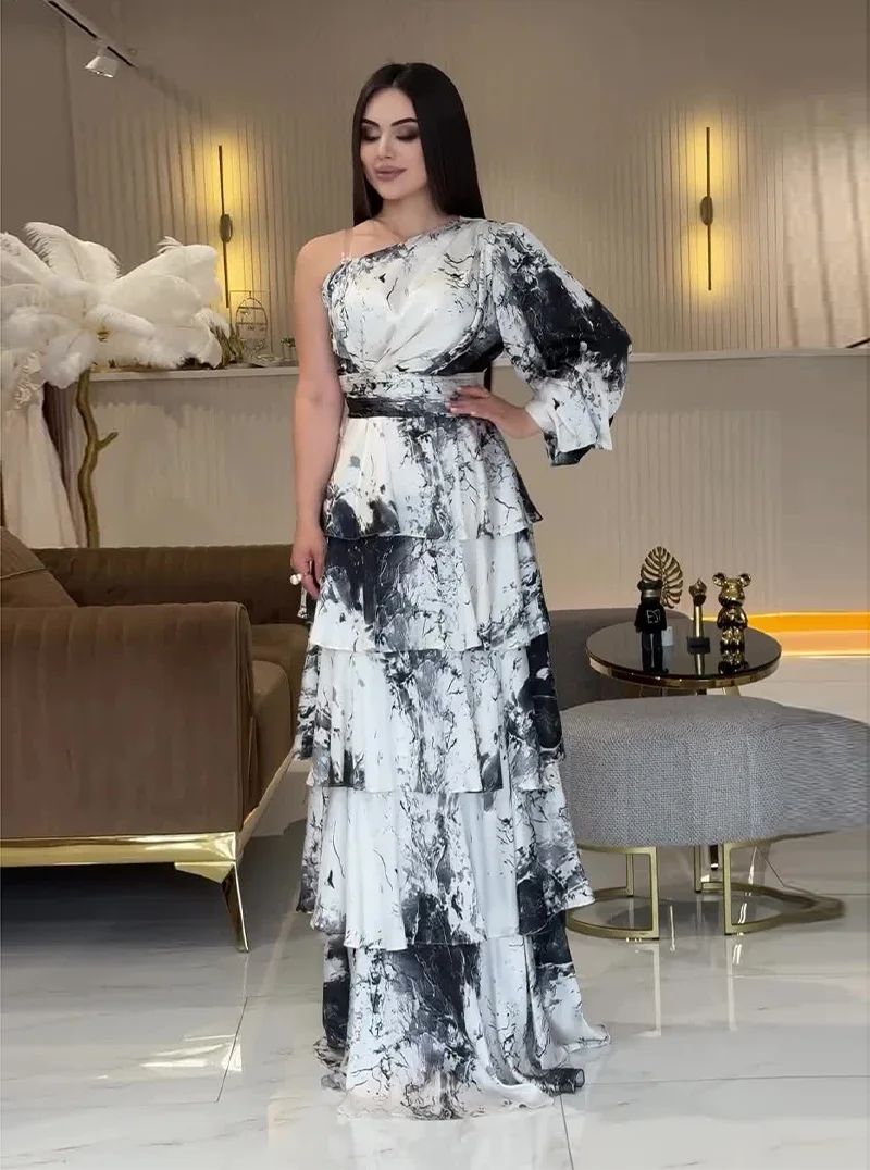 2026 nova impressão mulher camadas vestido de festa um ombro mangas compridas cintura fina elegante maxi vestidos imagem real