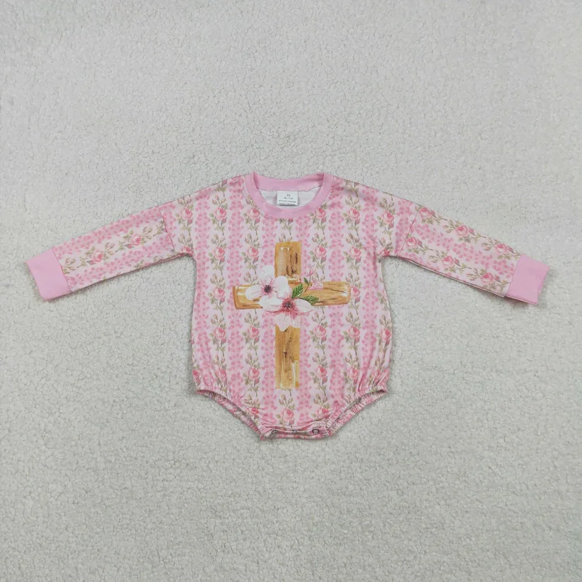 

New Arrive Toddler Long Sleeve Romper Cross Pink Flowers Print Baby Girls Easter Romper