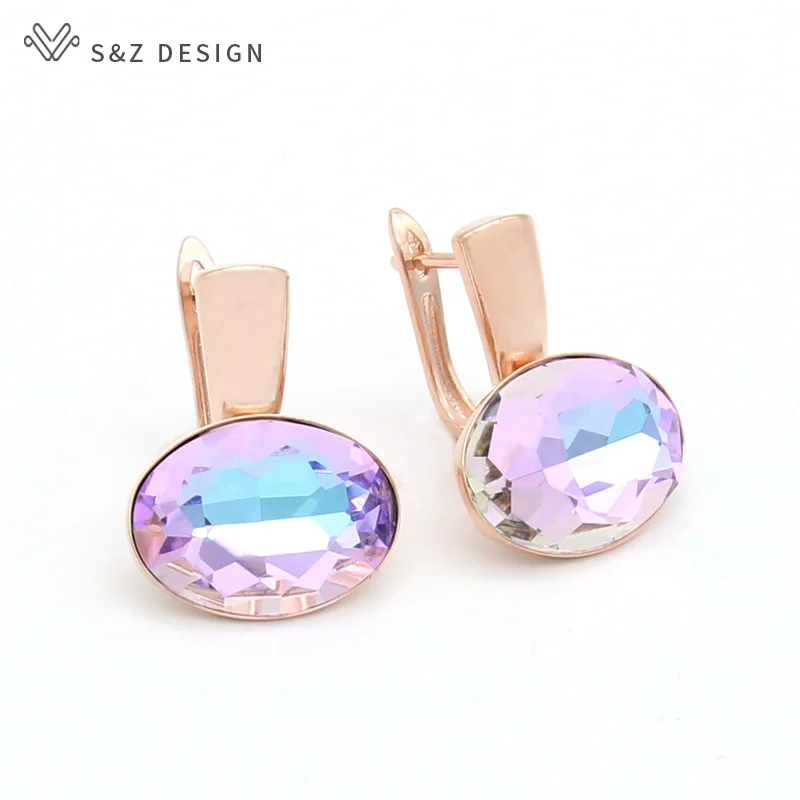 S&Z DESIGN New Fashion Elegant Luxury Oval Crystal Dangle Earrings For Women Wedding Party Jewelry 585 Rose Gold Color Eardrop