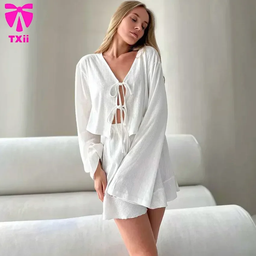 TXii Newlook Autumn Long-sleeved Cardigan Ruffled Shorts Knitted Jacquard Hollow Pajamas Two-piece Home Clothes for Women