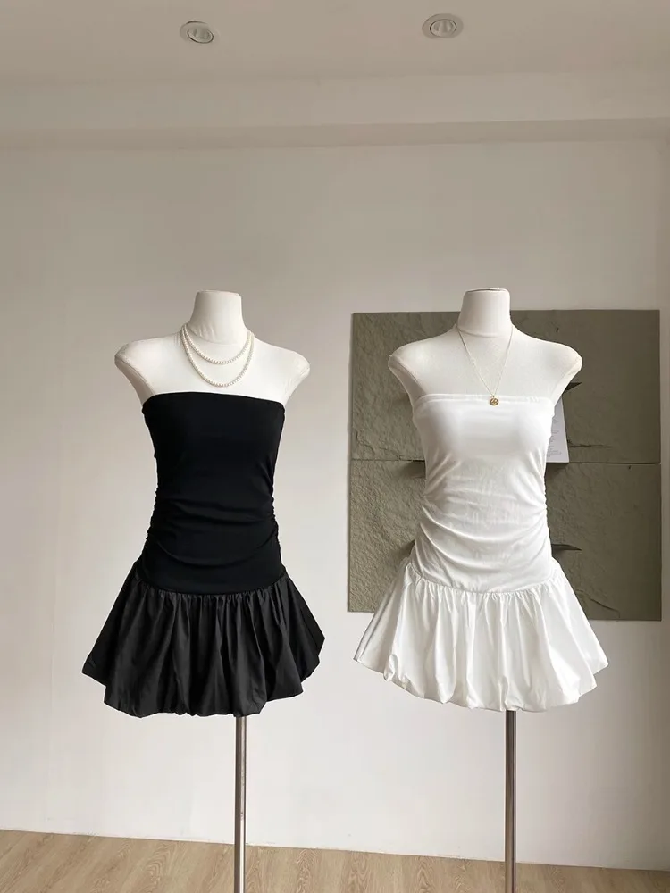 

Korobov Summer American Style Dress Folds Dress Women Strapless Sexy Slim Sleeveless Ruched Splice Y2K Female Club Party Dress
