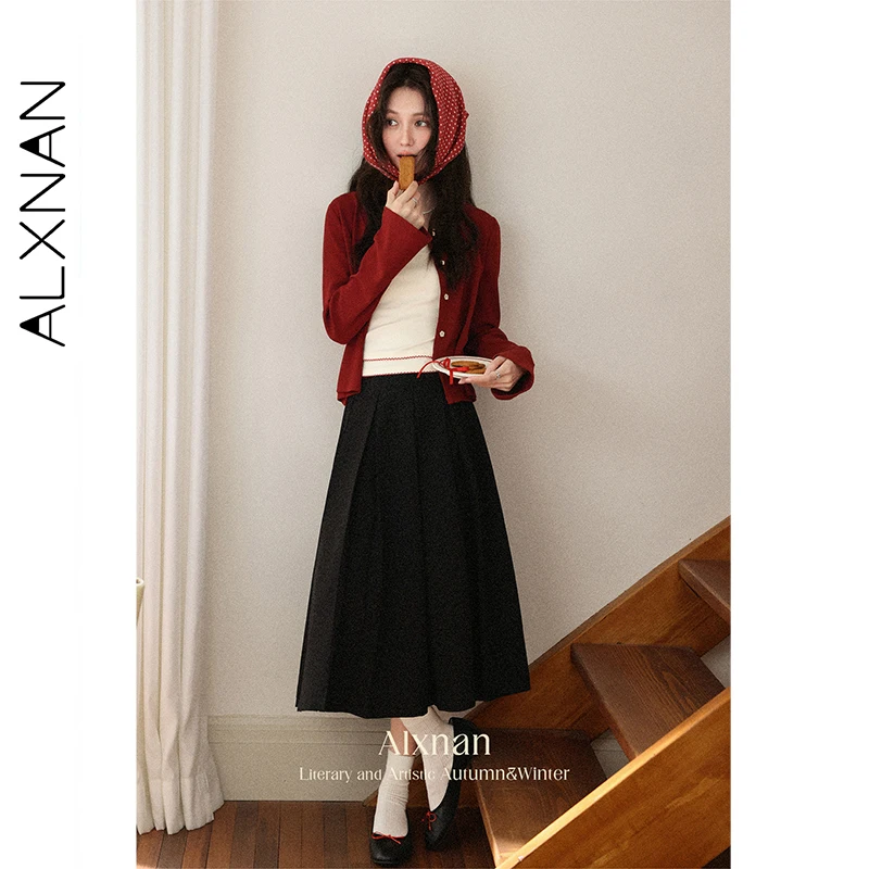 Alxnan vermelho malha cardigan curto vintage elegante solto-ajuste carta bordado jumpers 2025 outono manga longa malha topo l56865