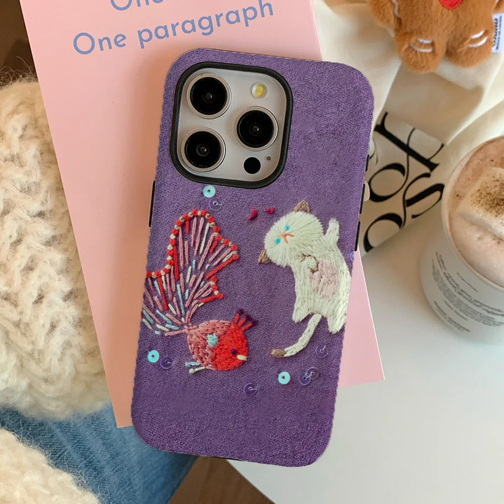 Purple Embroidered Wind Goldfish Cat Phone Case for IPHONE 16 15PRO MAX 14 13 12 11 Acrylic TPU Two in One Magnetic Phone Cases