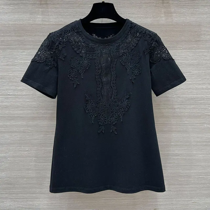 Classic Women's Cotton Lace T-Shirts Designer New Short Sleeve Round Neck Embroidery Sexy Slim Top 2 Color Elegant High Quality