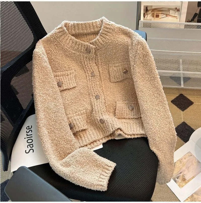 Elegant Temperament Knitting Cardigan Women Autumn Winter Simplicity Solid Color Sweater Coat All-match Casual Knitwear Tops