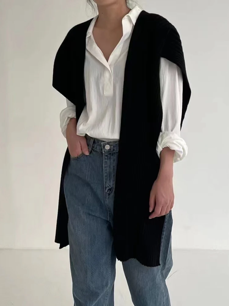 [EWQ] Women Asymmetric Open Stitch Sweater Jacket Fashion Loose Shawl Sleeveless Cardigan Coat 2024 Autumn Winter New 16U3955