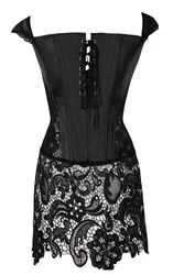 Black Corset Faux Leahter Bustier Dress Zipper back With Straps Push up Overbust Steampunk Lace Skirt Plus Size Lingerie