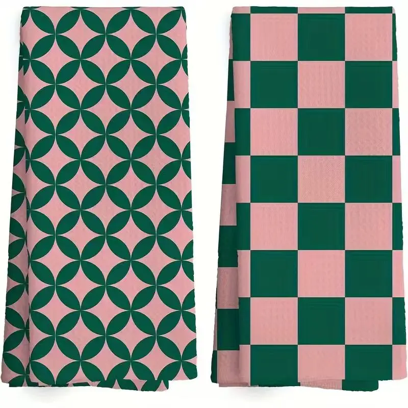 2 Stück, rosa und grün kontrastierende geometrische Doppelmuster-Küchentücher, 40 cm x 60 cm Handtuch-Set, super saugfähiges weiches Reinigungstuch, Koch- und Back-Geschirrtuch, Handtuch, Reinigungstuch, Küchendekoration, Wohnzimmerdekoration, Essentials, Home Essentials