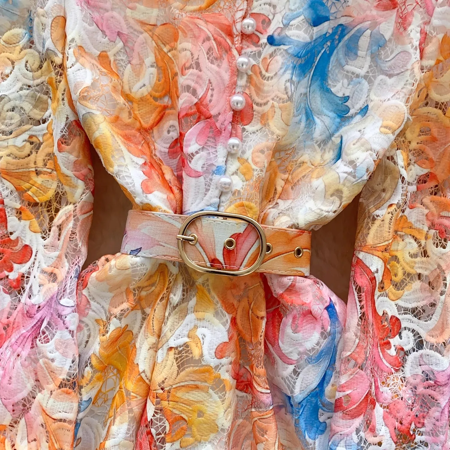 Summer Elegant Water Soluble Lace Embroidery Flower Dress Women Long Sleeve Hollow Out Single Breasted Belt Mini Party Vestidos