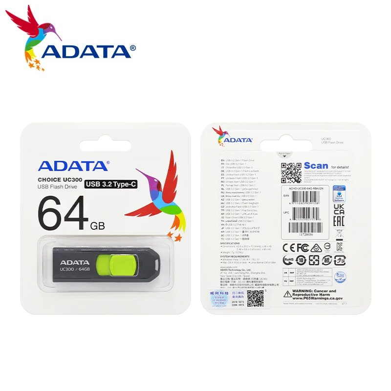 ADATA USB 3.2 Type-C Pendrive 32GB 64GB 128GB 256GB High Speed U DIsk Portable UC300 Retractable Pen Drive Flash Memory Stick