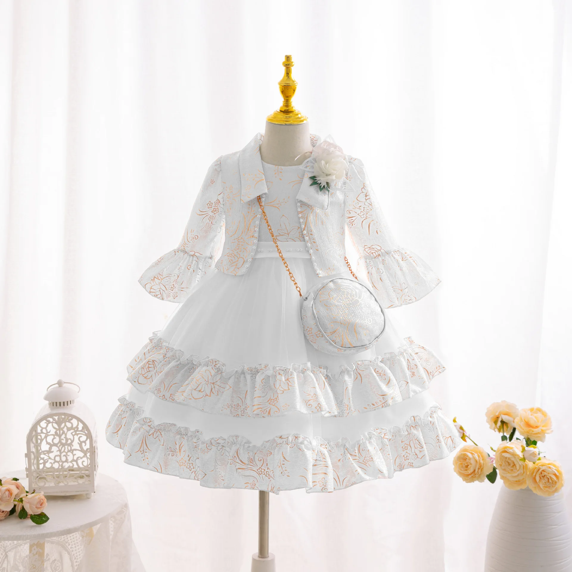 3pcs Sets Children's Lolita Dress Long Sleeve Coat Dress with Bag Girls Dress Fashion Kids Formal Pageant Gown 3 4 6 8Years