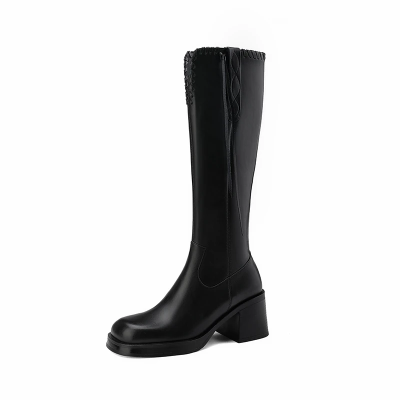 2023 Autumn winter Women knee-high boots natural leather 22-25cm cowhide+pigskin modern boots side zip thick heel knight boots