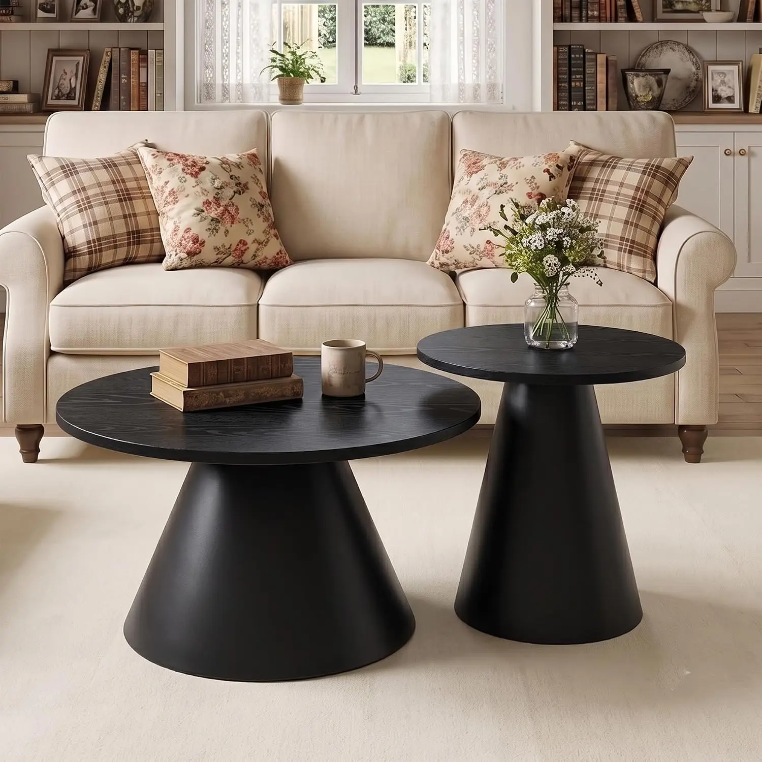 Round Nesting Coffee Table Set of 2 Modern Living Room Melamine Top Steel Base Black, Customized