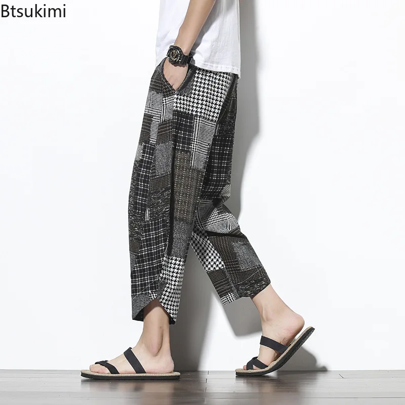 Chinese Style Men's Casual Cotton Linen Pants Ethnic Print Casual Pocket Calf-length Pants Vintage Streetwear Men Baggy Trousers