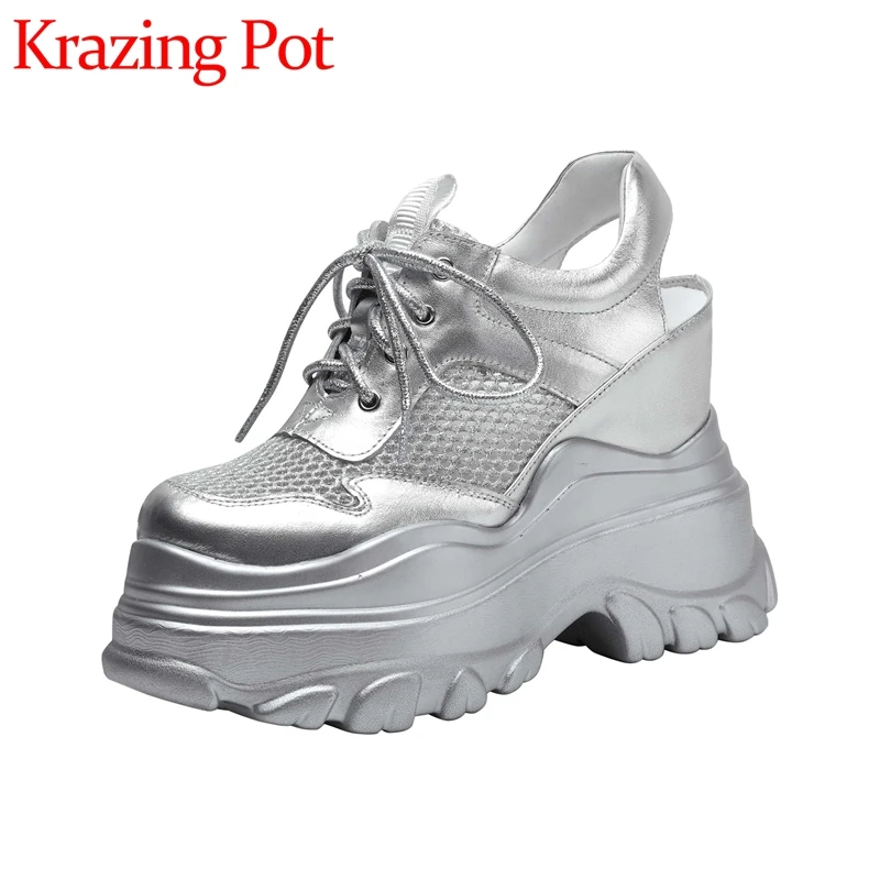 

Krazing Pot Cow Leather Round Toe Thick Bottom Sneaker Platform Sporty Chic Cozy High Quality Women Casual Vulcanized Shoes L36