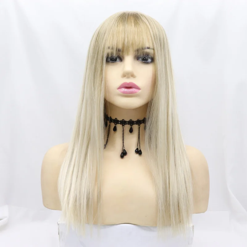 

Synthetic fiber machine-made wig, women's golden long straight hair with bangs, smooth and soft