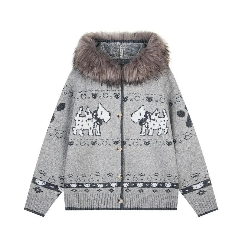 Harajuku Sweet Cute Pattern Jacquard Fur Collar Oversized Sweaters Women Fashion Winter Warm Lazy Style Knitted Cardigan Sweater
