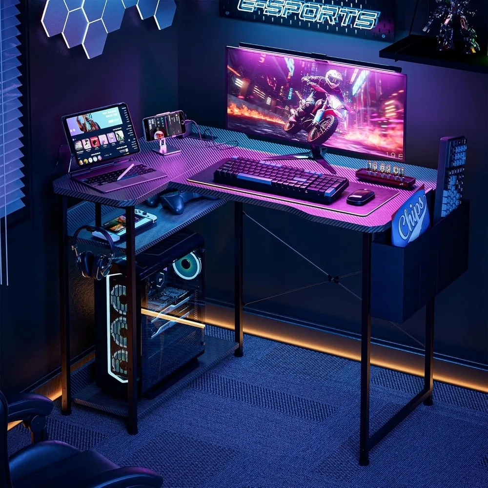 L-Shaped 55 Inch Gaming Desk with Power Outlets, Reversible Shelves, Storage, and Corner PC Desk Features