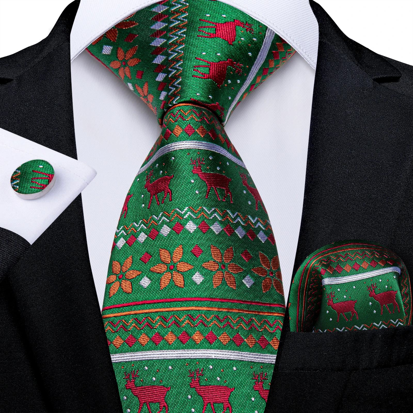 Christmas Reindeer Snowflake Green Red Silk Tie Set Pocket Square Cufflinks Wedding Party Men Accessories Gift for Men DiBanGu