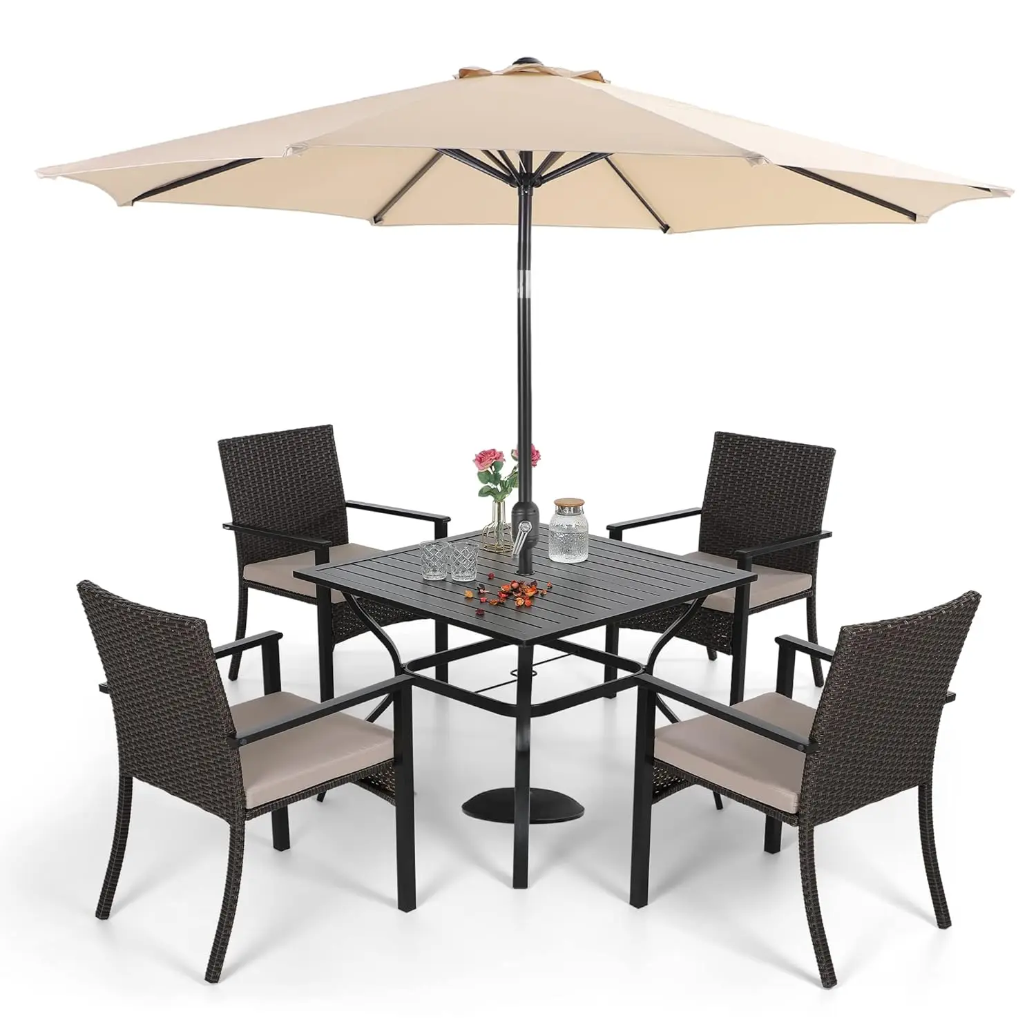 

5 Pieces Patio Dining Set with 9 ft Beige Patio Umbrella, Outdoor PE Rattan Chairs and Square Metal Table Set, Customized