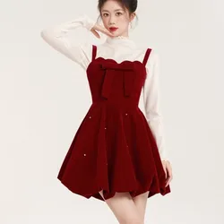 Christmas Two-piece Dress Set Women Solid Sweater A-line Velvet Sleeveless Short Dress Korean Fashion Female Autumn New Outfits