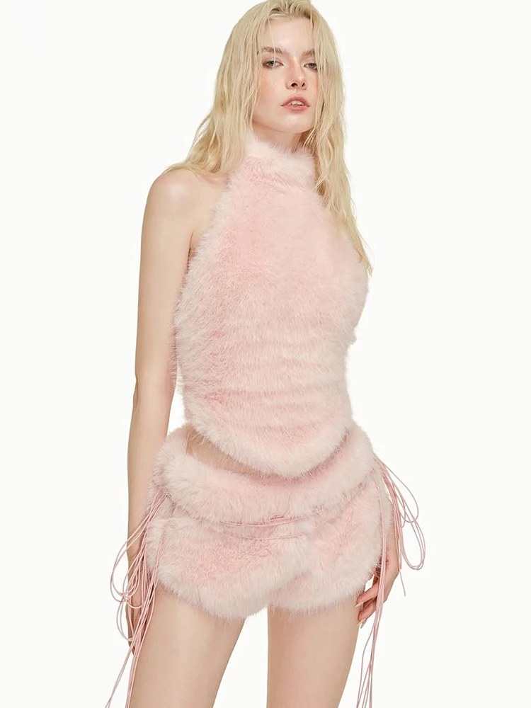 Weird Puss Furry Patchwork 2-teiliges Set Damen Neckholder Rollkragen Oberteil mit Schnürung am Rücken + Raffung Skinny Mini-Shorts Streetwear – Detail 12