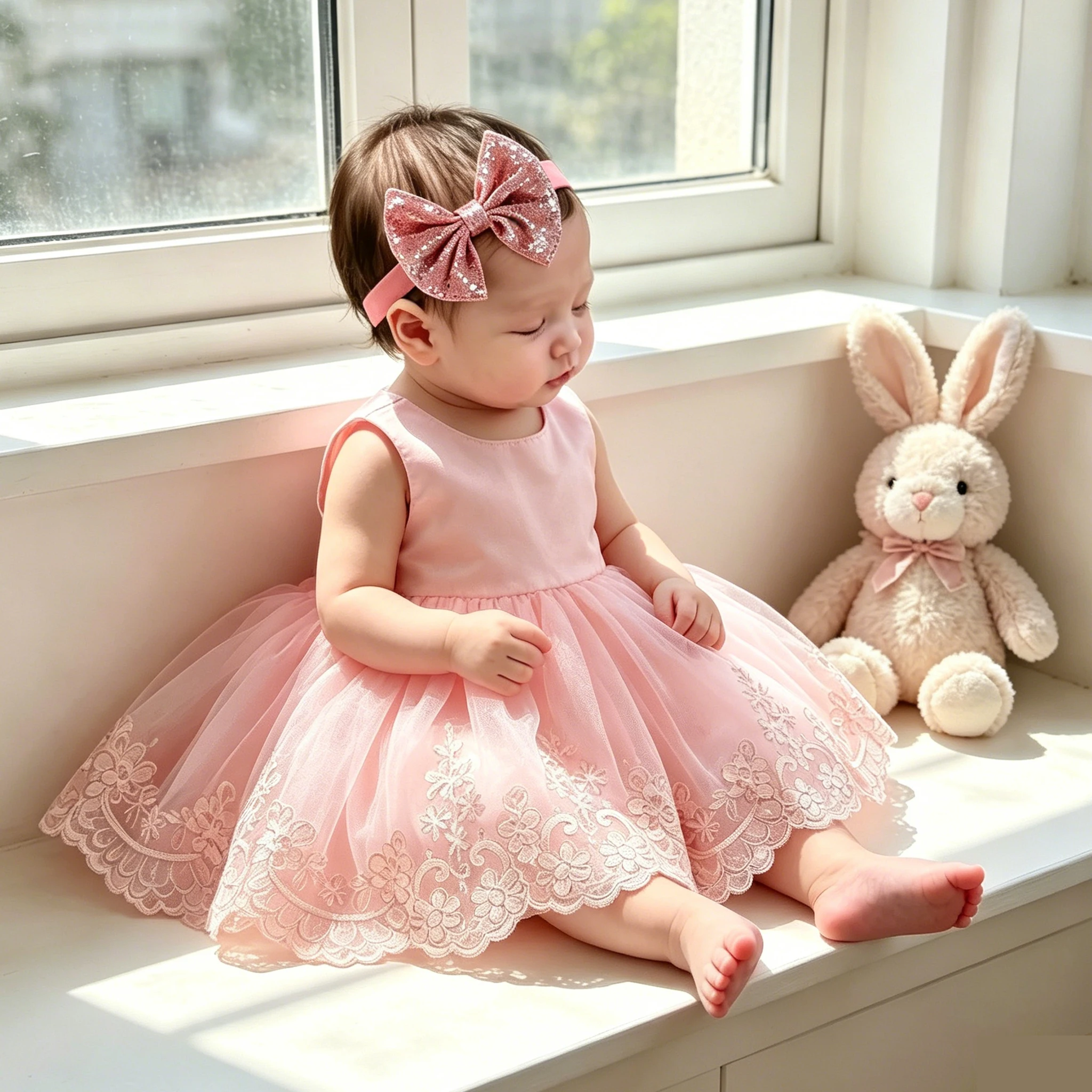 Ylsteed Newborn Photography Outfits Girl Big Bow Lace Dress with Glitter Bow Headband 100 Days Baby Girl Photoshoot Picture Gown