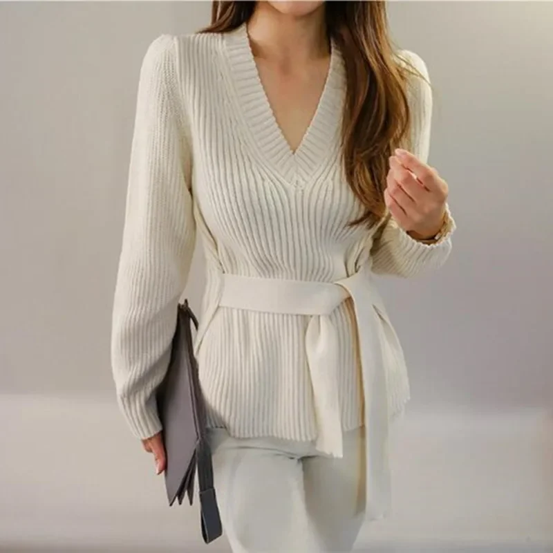 2023 Autumn and Winter New Lace Knitted Sweater Ladies Solid Color Fashion Long-sleeved Split Sweater Women Pullover Women