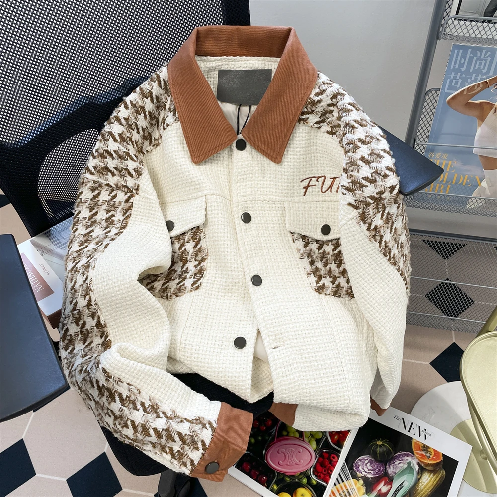 

Casual Lapel Houndstooth Jacket Women Autumn Fashion Single Breasted Loose Baseball Jackets Cool Girl Cargo Coats