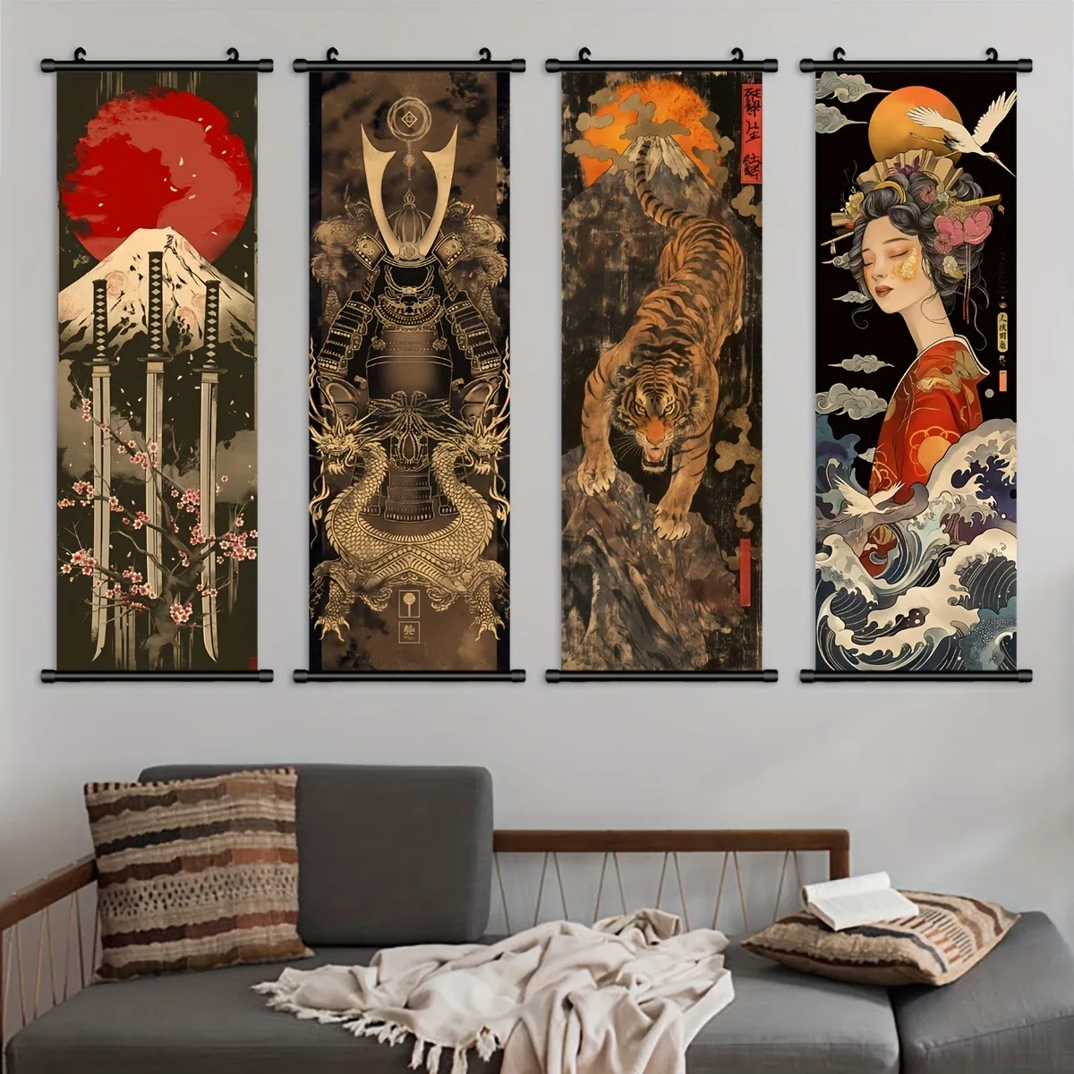 Impresión por Sublimación HD de Espada Japonesa, Tigre Samurái, Geisha y Pergamino, Varios Tamaños, Ukiyo-e, 100% Poliéster, Lavable, para Sala de Estar