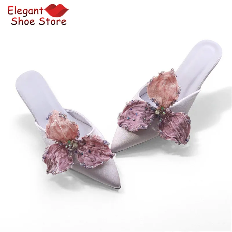 Women Velvet Flower Rhinestone Low Heel Sandals Elegant Purple Satin Pointed Toe Slip-On Half Slippers Summer New Party Shoes
