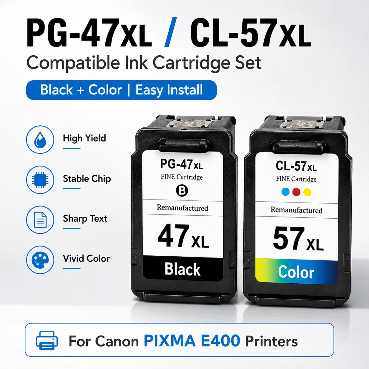 PG-47XL CL-57XL Compatible Ink Cartridge Set for Canon PIXMA E400 Printer, Black Color Combo High Yield