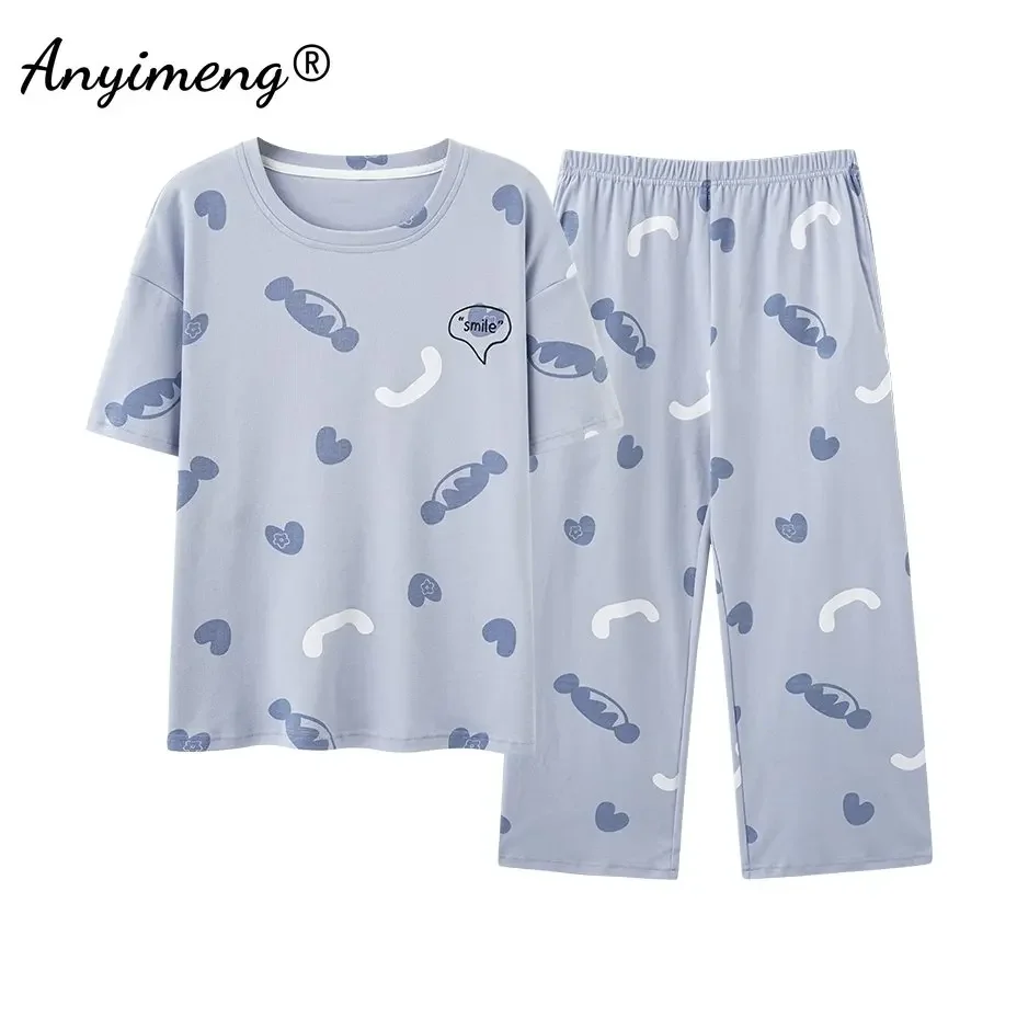 100% Cotton Womens Pajamas Sweet Hearts Printing Sleepwear for Youth Lady Casual Knee-length Pijamas Lady Lounge Homewear Pj Set