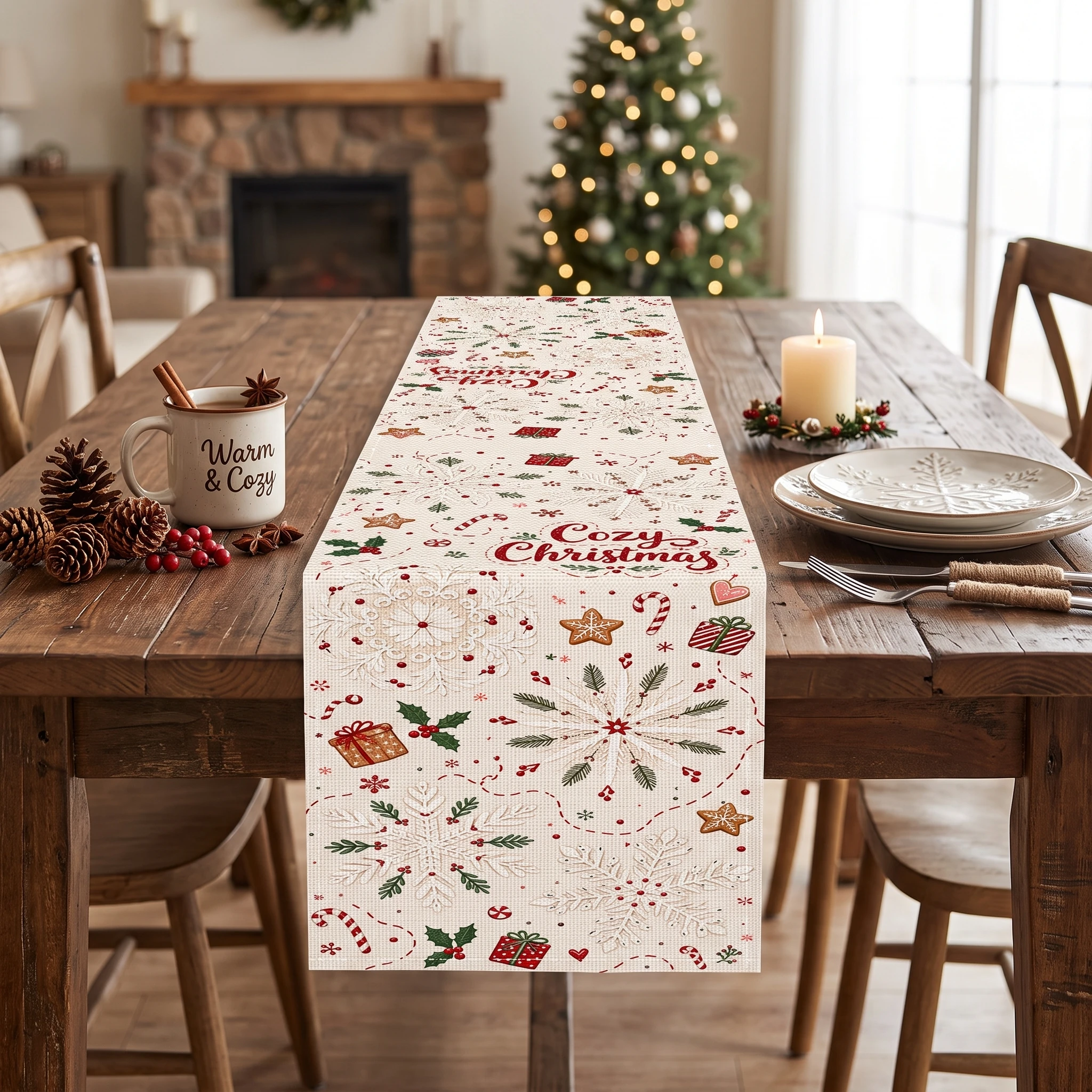 Winter Table Runner Gift Box Design Christmas Table Cover Christmas Table Runner Holly Berry Motif For Christmas Party Family